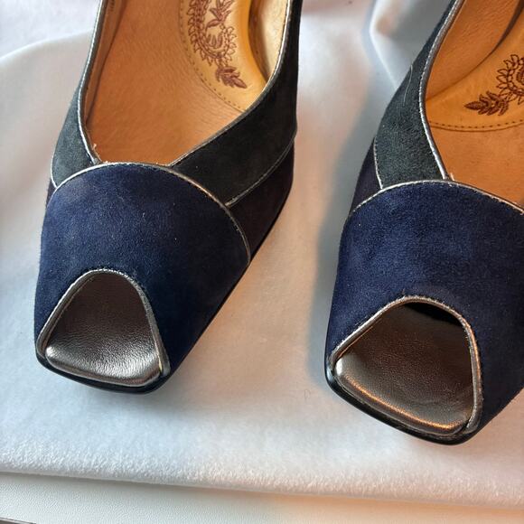 Sofft Black Suede Pumps Peep Toe Comfort Colorblock Heels Size 10M Jewel Tones - Picture 10 of 11